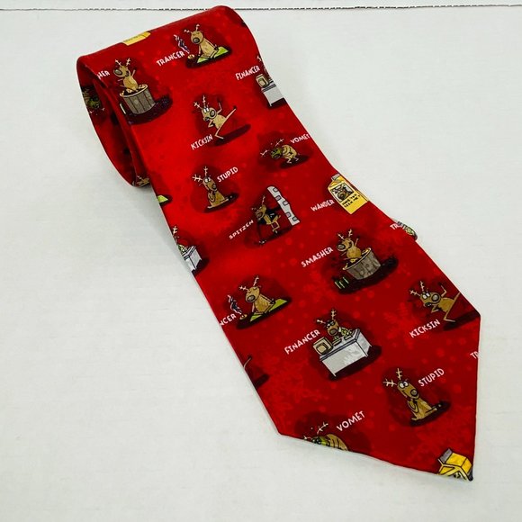 Christmas Tie Red Santa's Reindeers 58 inches - Picture 1 of 5